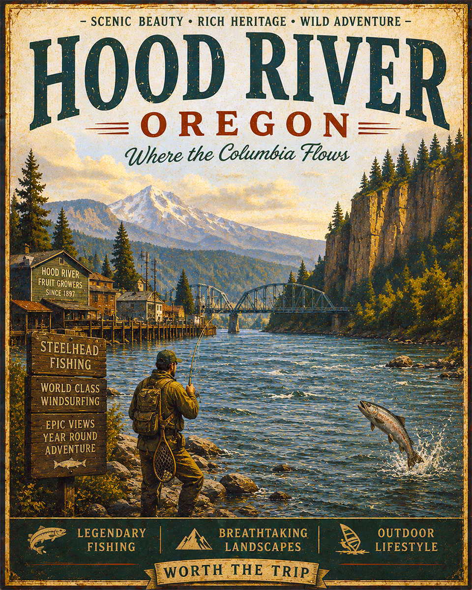 Hood River Oregon Fishing Art Print - Vintage Lake and Fly Fishing Wall Decor