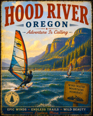 Hood River Oregon - Adventure Is Calling Art Print - Vintage Travel Poster Mountain Town Wilderness Wall Decor