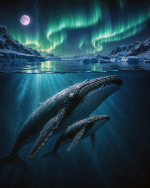 Humpback Whale Mom and Baby Under Northern Lights - Coastal Wall Art