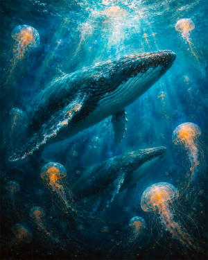 Humpbacks Among Jellyfish - Coastal Whale Wall Art