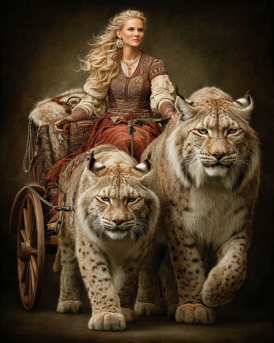 In Her Chariot Pulled by Two Large Cats - Freyja the Norse Goddess Art Print