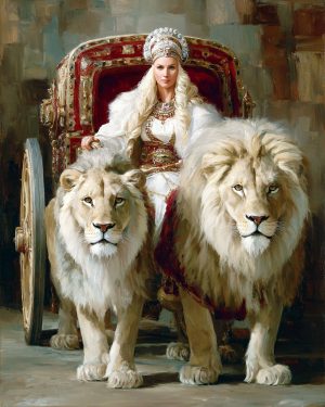In Her Fancy Chariot Pulled by Two Large African Cats - Freyja the Norse Goddess Art Print