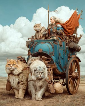 In a Traveling Coach Pulled by Two Large Cats - Freyja the Norse Goddess Art Print