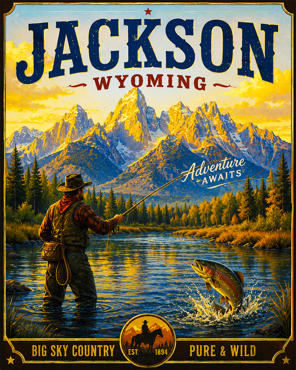 Jackson Wyoming Fishing Art Print - Vintage Lake and Fly Fishing Wall Decor