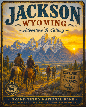 Jackson Wyoming - Adventure Is Calling Art Print - Vintage Travel Poster Mountain Town Wilderness Wall Decor