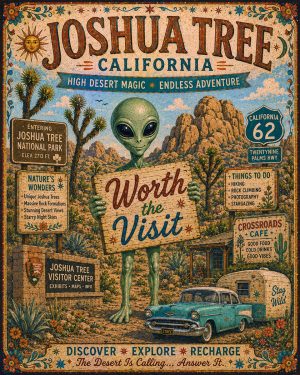 Joshua Tree California - Folk Art Style Alien Worth The Trip Art Print