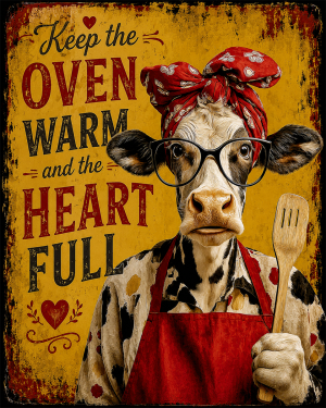Keep the Oven Warm and the Heart Full - Cow - Whimsical Kitchen Wall Decor
