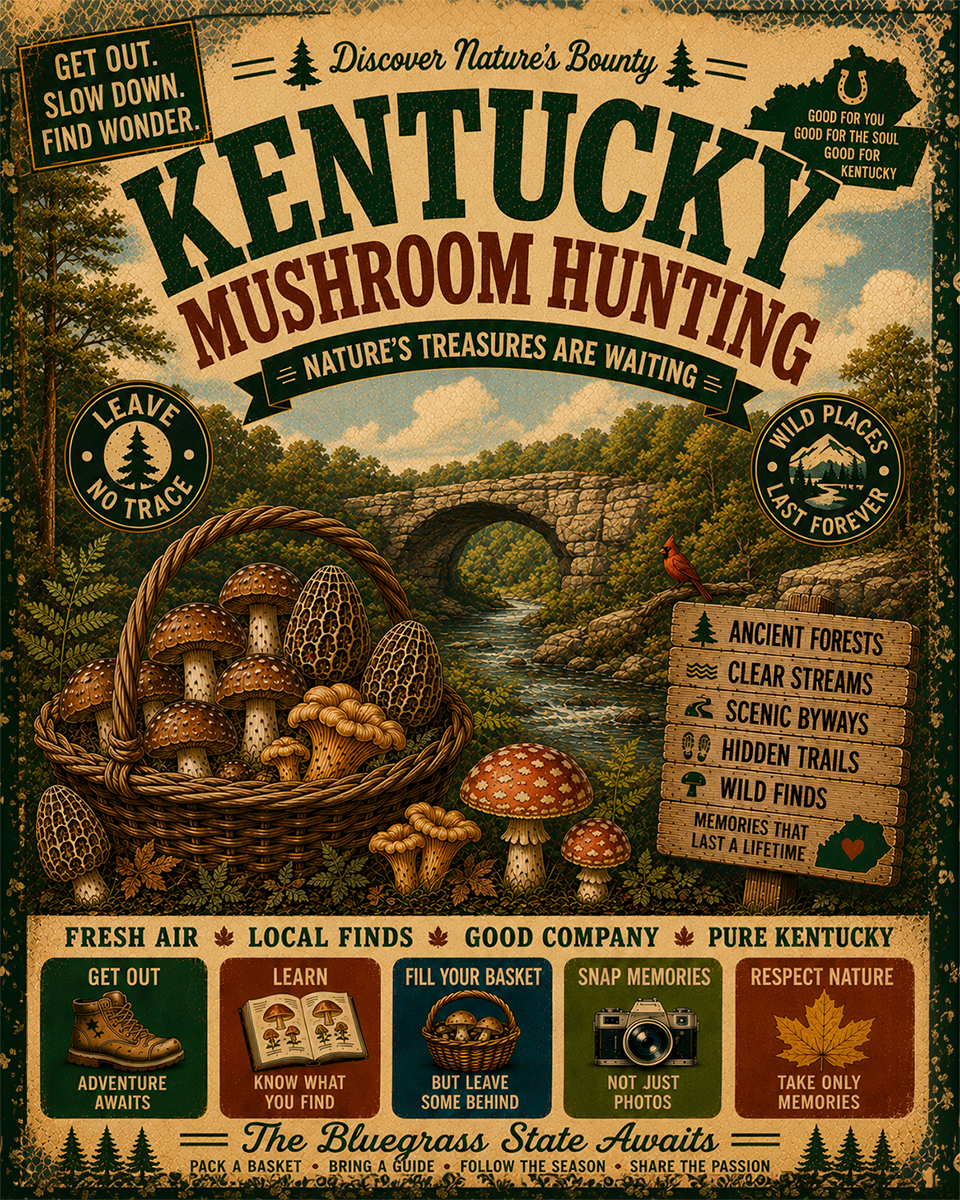 Kentucky - Vintage Retro Mushroom Hunting Poster Art Print