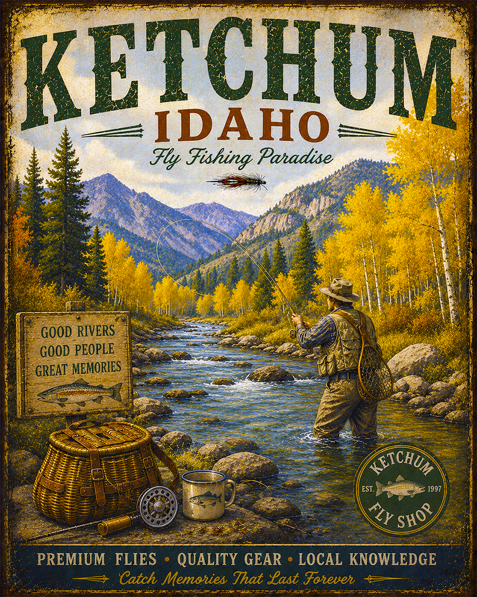 Ketchum Idaho Fishing Art Print - Vintage Lake and Fly Fishing Wall Decor