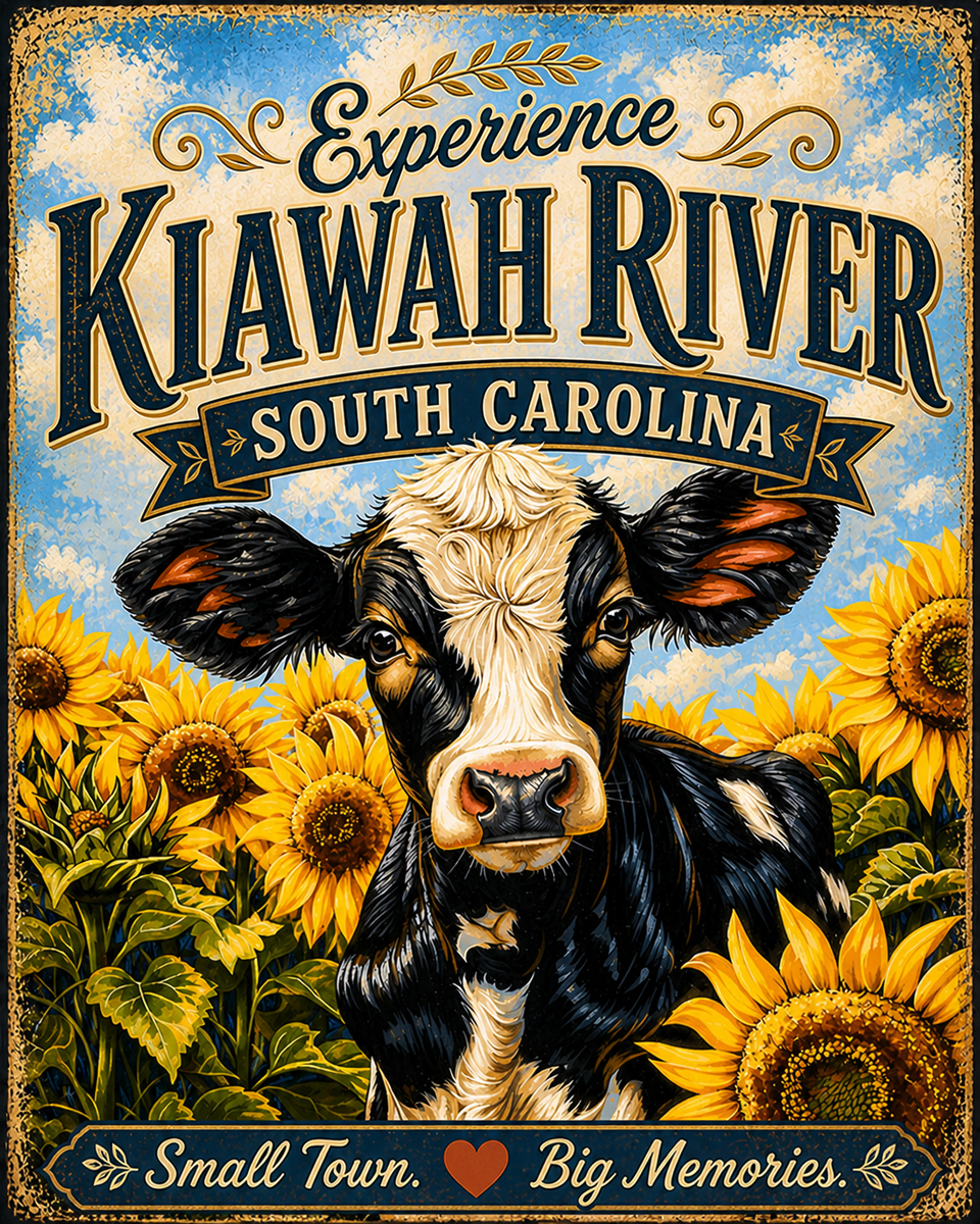 Kiawah River, South Carolina - Sunflowers Cow Agri-Tourism Art Print