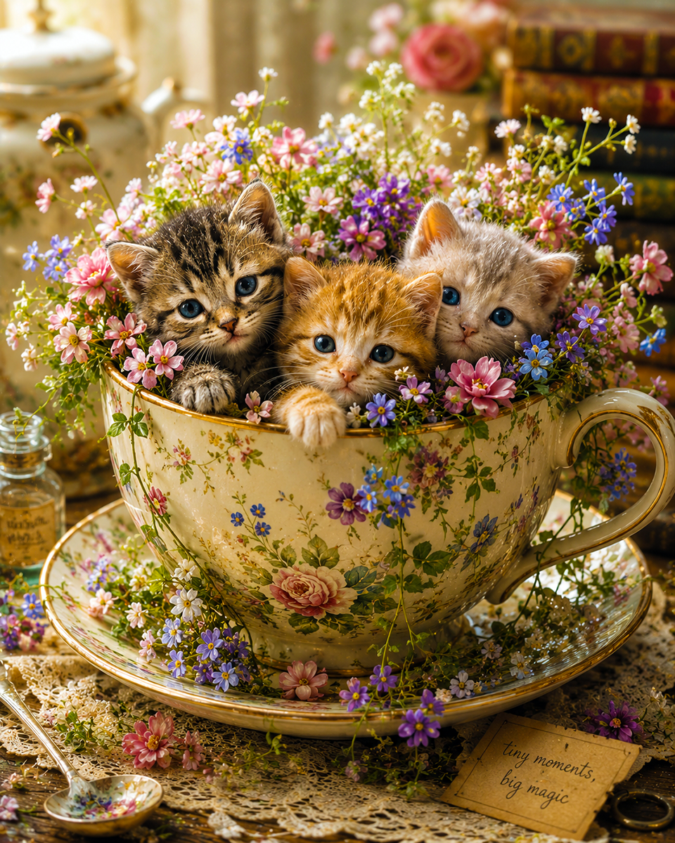 Kittens in a Cup with Wildflowers - Cottagecore Home Decor