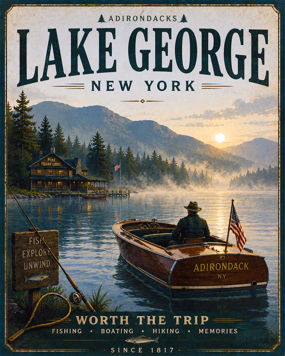 Lake George New York Fishing Art Print - Vintage Lake and Fly Fishing Wall Decor