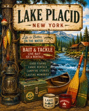 Lake Placid New York Fishing Art Print - Vintage Lake and Fly Fishing Wall Decor