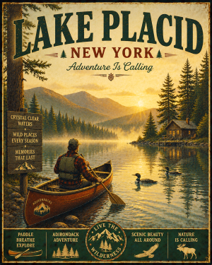 Lake Placid New York - Adventure Is Calling Art Print - Vintage Travel Poster Mountain Town Wilderness Wall Decor