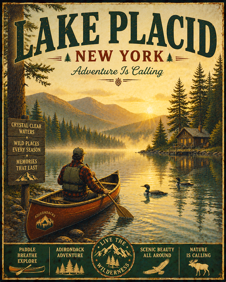 Lake Placid New York - Adventure Is Calling Art Print - Vintage Travel Poster Mountain Town Wilderness Wall Decor