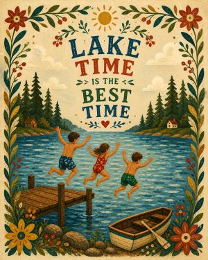 Lake Time - Kids Jumping Off Dock -  Lake Life Art Print