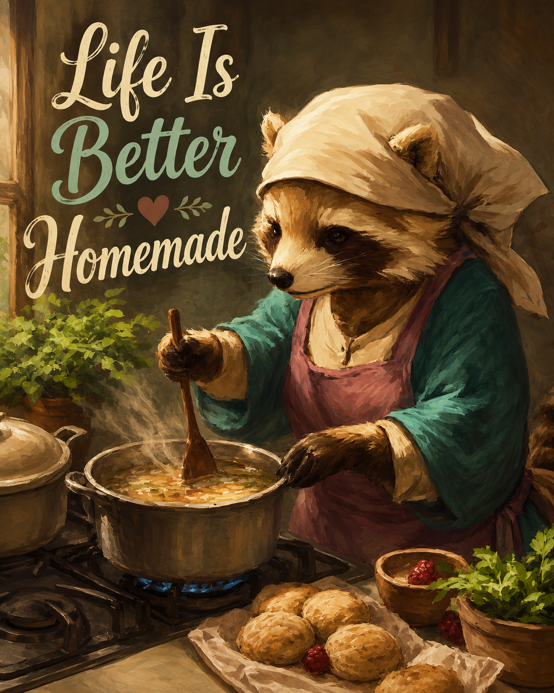 Life Is Better Homemade - Raccoon - Whimsical Kitchen Wall Decor