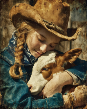 Linda with Her Calf - Cow Art Print