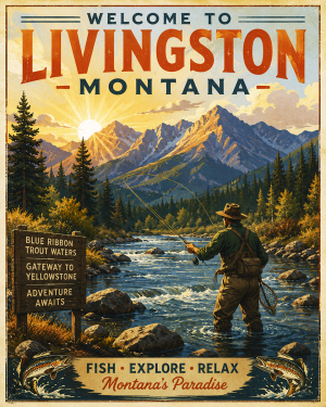 Livingston Montana Fishing Art Print - Vintage Lake and Fly Fishing Wall Decor