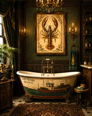 Lobster Artwork - Boat Painted Bathtub - Bathroom Art