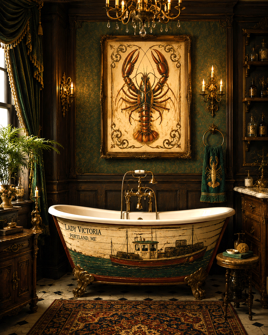 Lobster Artwork - Boat Painted Bathtub - Bathroom Art
