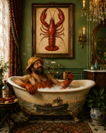 Lobster Artwork - Lobsterman in Bathtub - Bathroom Art