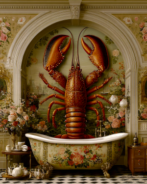Lobster Artwork - Wallpaper Behind Bathtub - Bathroom Art