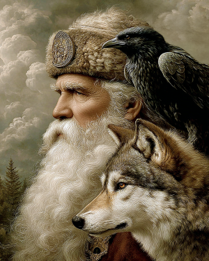 Looking Forward Odin with His Wolf and Raven - Norse Mythology Art Print