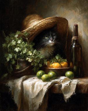 Luna Peaking Out from the Garden Hat - Cats in Hats Art Print