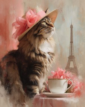 Maine Coon Cat in Paris - Cats in Pink Hats Art Print