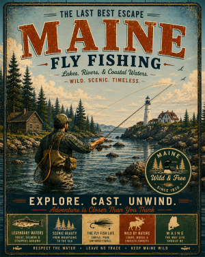 Maine - Fly Fishing Vintage Retro Poster Art Print