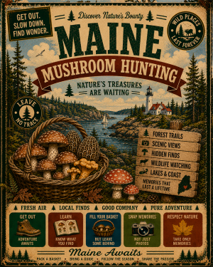 Maine - Vintage Retro Mushroom Hunting Poster Art Print