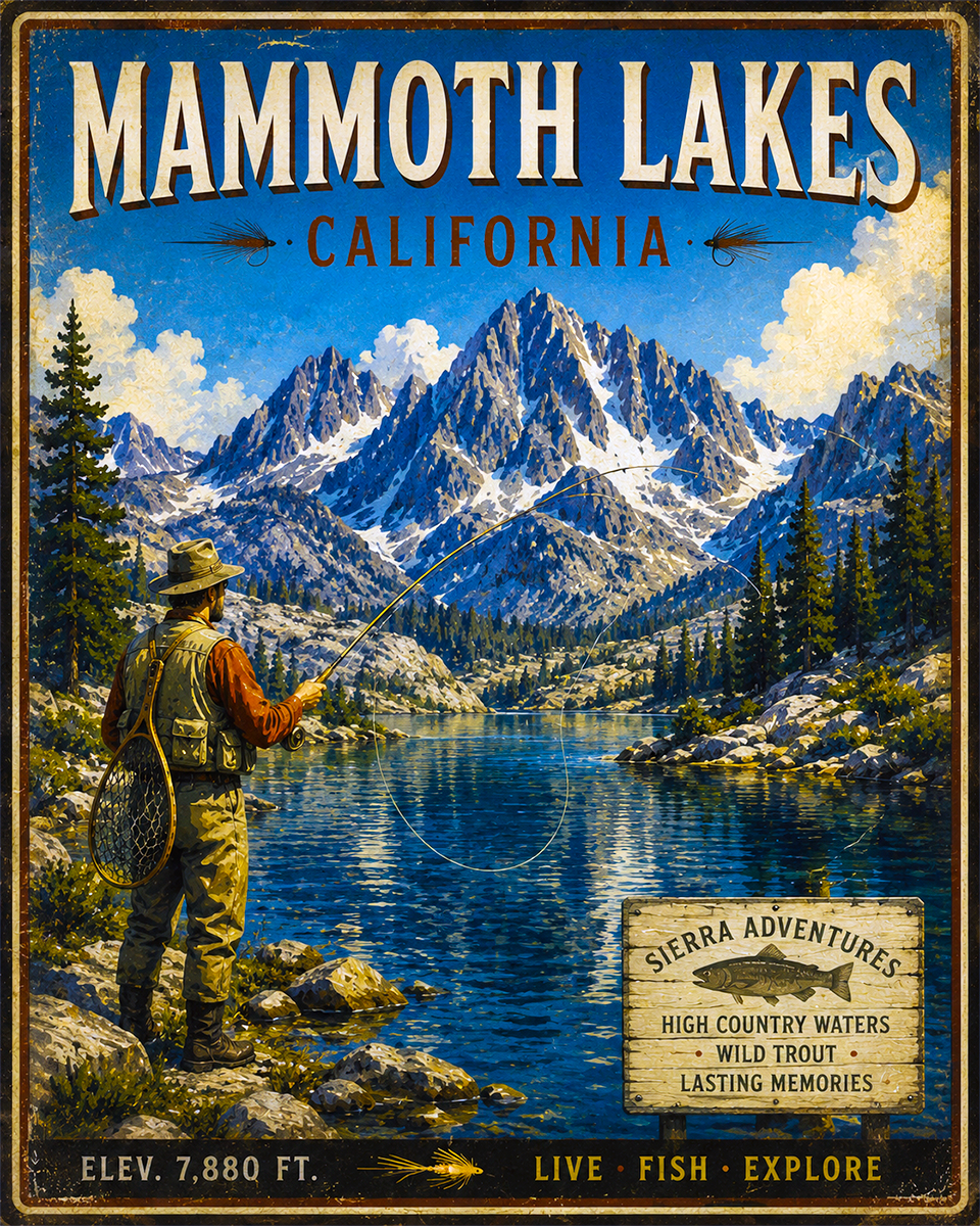 Mammoth Lakes California Fishing Art Print - Vintage Lake and Fly Fishing Wall Decor