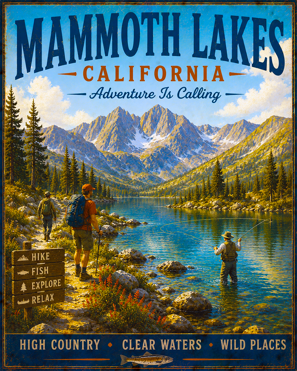Mammoth Lakes California - Adventure Is Calling Art Print - Vintage Travel Poster Mountain Town Wilderness Wall Decor