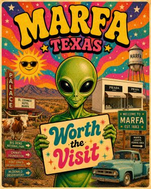 Marfa Texas - 60s Style Alien Worth The Trip Art Print