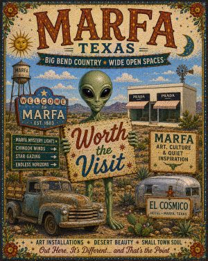Marfa Texas - Folk Art Style Alien Worth The Trip Art Print