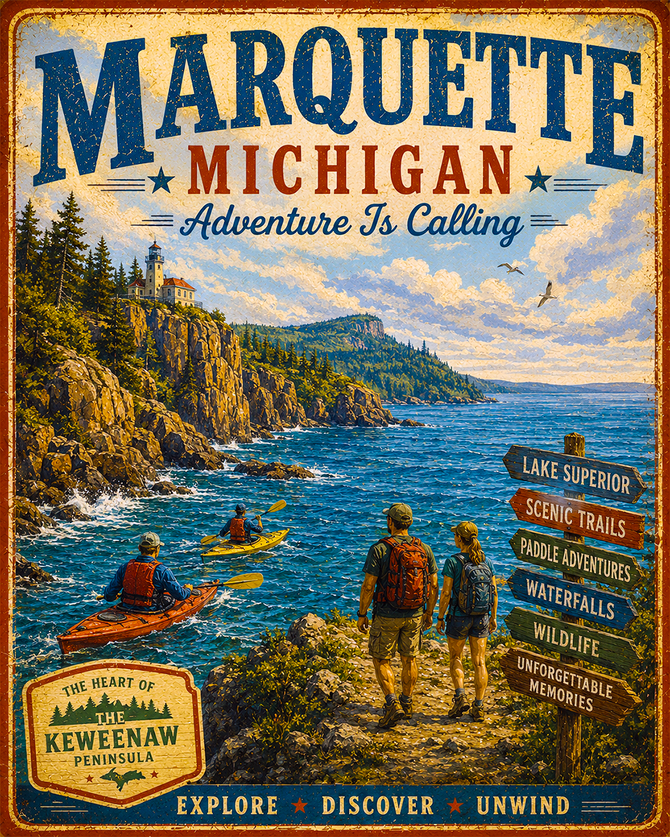 Marquette Michigan - Adventure Is Calling Art Print - Vintage Travel Poster Mountain Town Wilderness Wall Decor