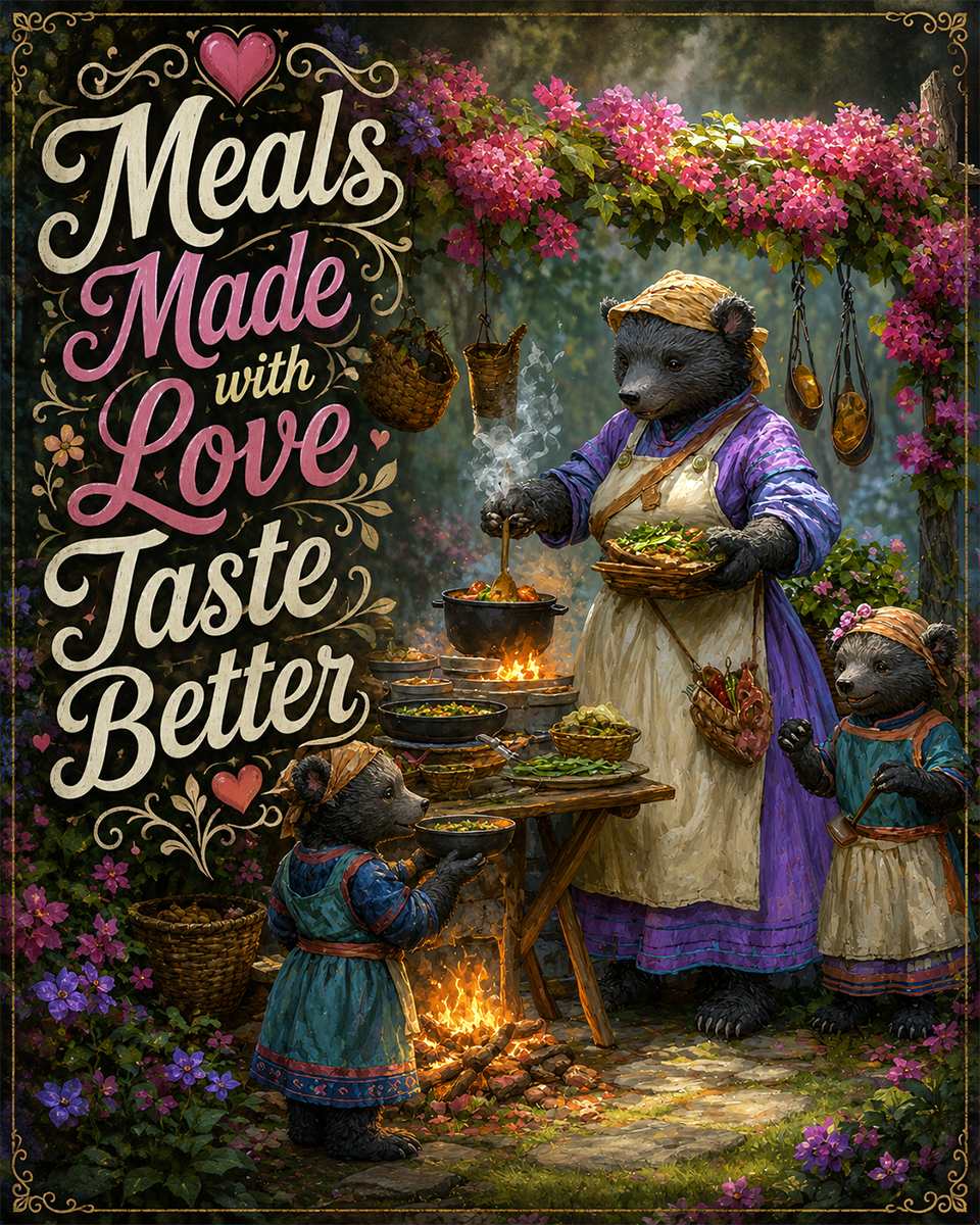 Meals Made with Love Taste Better - Black Bear - Whimsical Kitchen Wall Decor