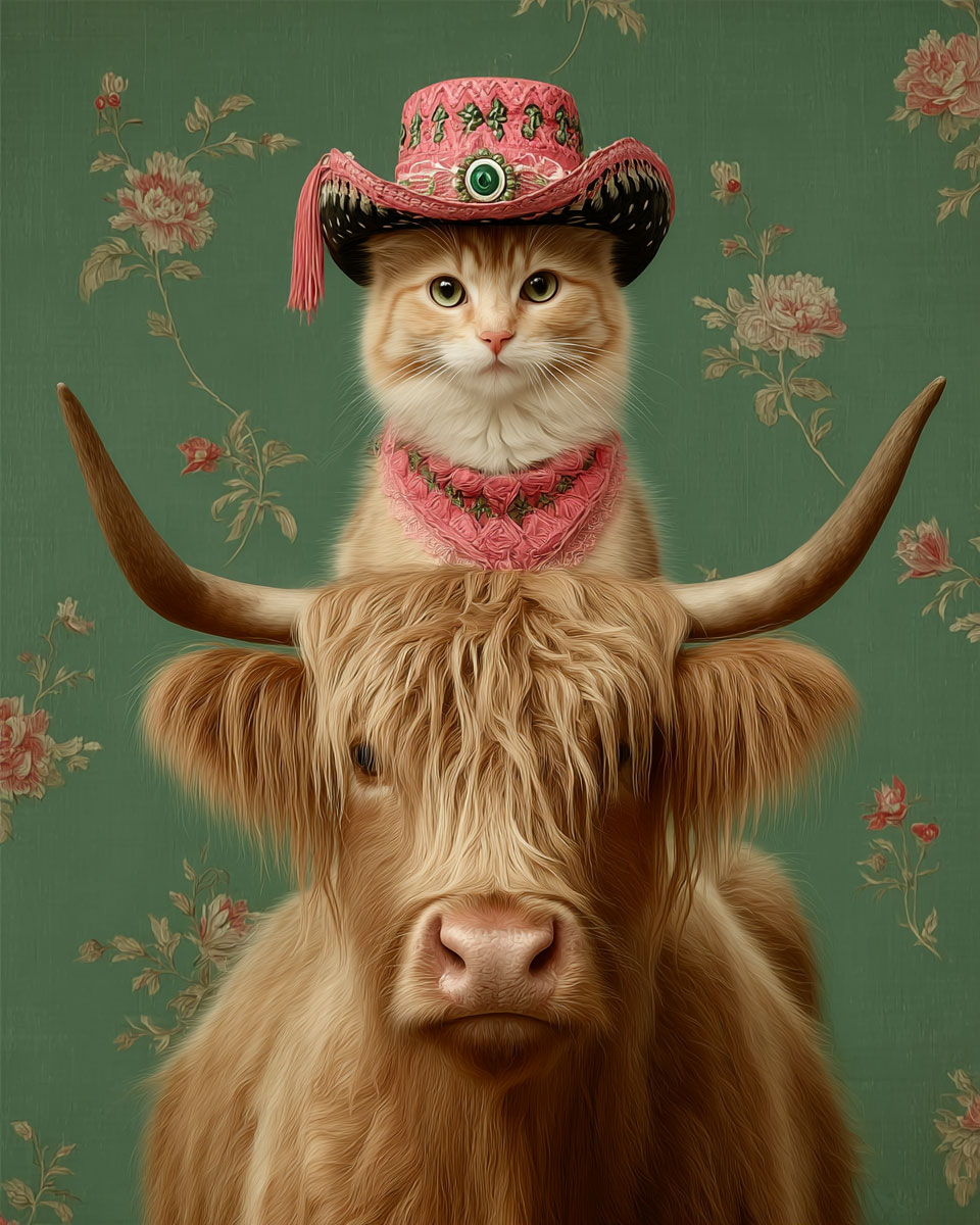 Michi on a Highland Cow - Cats in Hats Art Print