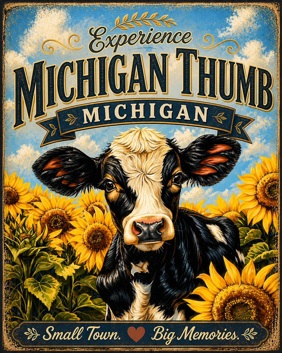Michigan Thumb, Michigan - Sunflowers Cow Agri-Tourism Art Print