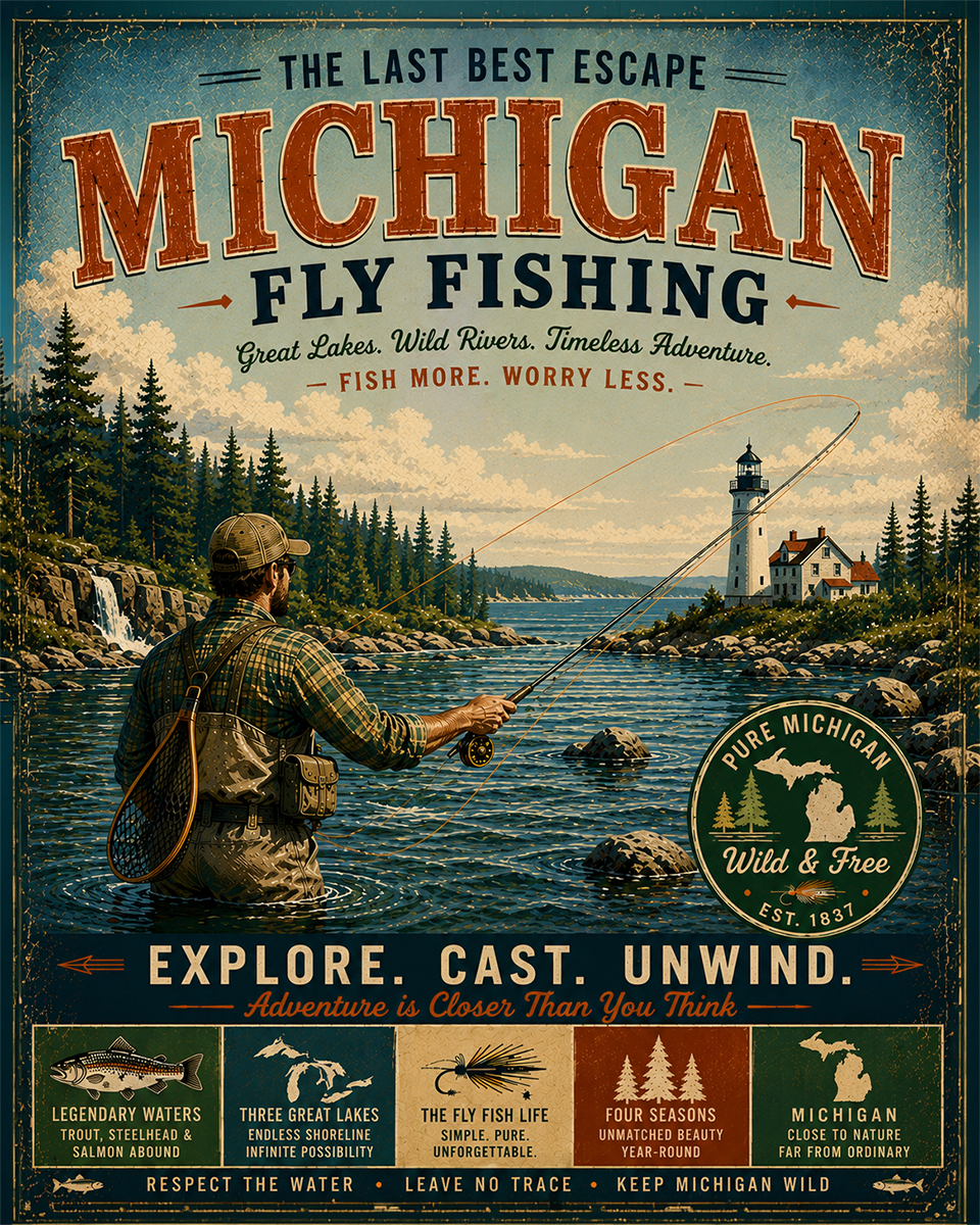 Michigan - Fly Fishing Vintage Retro Poster Art Print