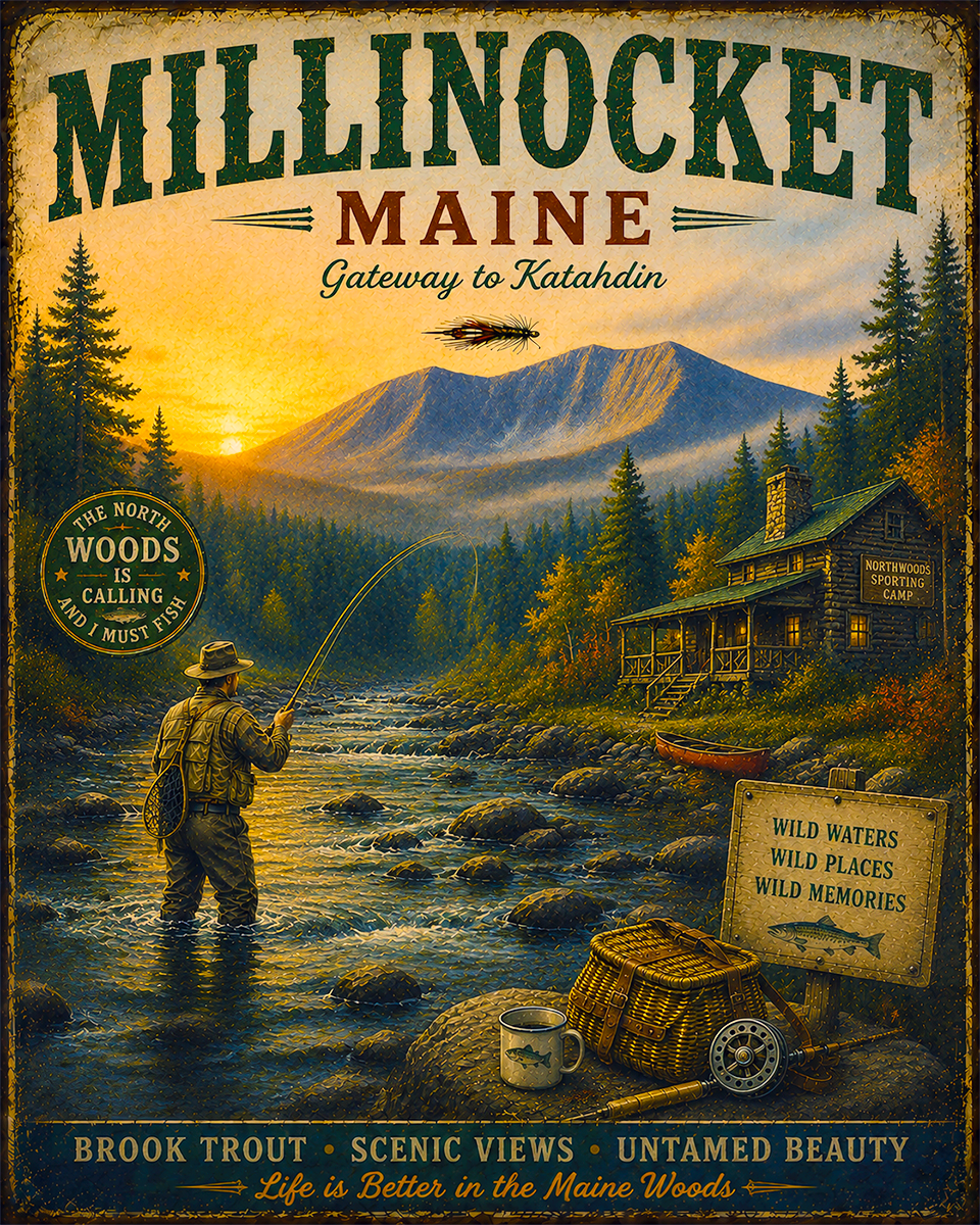 Millinocket Maine Fishing Art Print - Vintage Lake and Fly Fishing Wall Decor