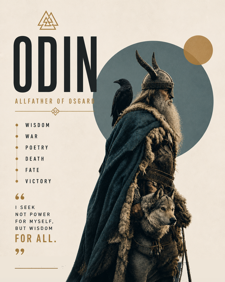 Minimalist Style - Odin with His Wolf and Ravens on Lakeshore - Norse Mythology Art Print