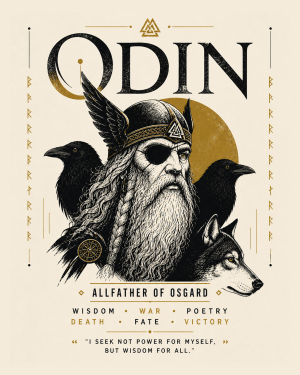Minimalist Style - Odin with His Wolf and Ravens - Norse Mythology Art Print