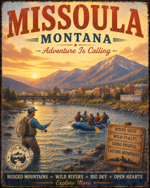 Missoula Montana - Adventure Is Calling Art Print - Vintage Travel Poster Mountain Town Wilderness Wall Decor