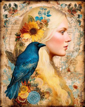 Mixed Media Style -  With Raven - Freyja the Norse Goddess Art Print