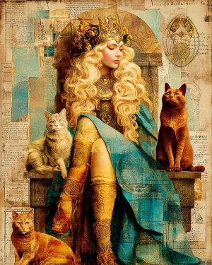 Mixed Media - With Her Cats - Freyja the Norse Goddess Art Print