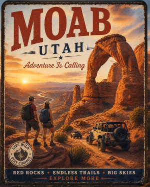 Moab Utah - Adventure Is Calling Art Print - Vintage Travel Poster Mountain Town Wilderness Wall Decor