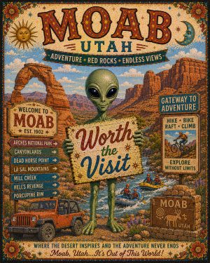 Moab Utah - Folk Art Style Alien Worth The Trip Art Print