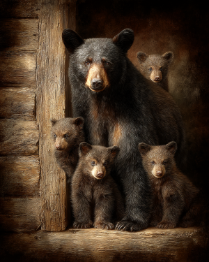 Mom With Her Four Cubs - Black Bear Art Print